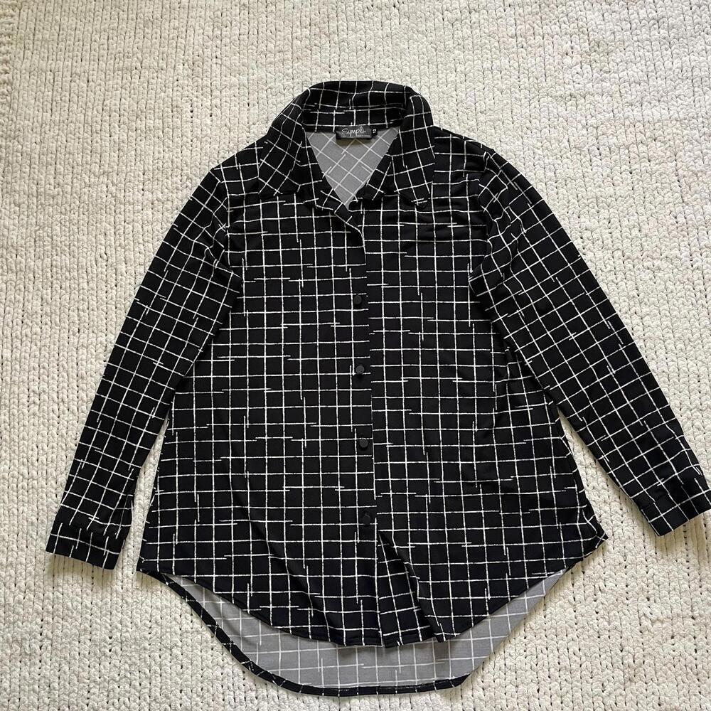 Sympli Women's Black Checkered Button Overshirt - Size 12